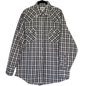 ELY Cattleman Navy Blue Brown Plaid Long Sleeve Pearl Snap Western Shirt Large